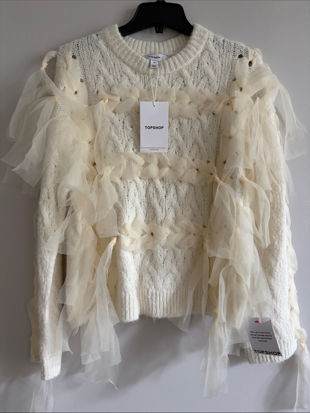 Topshop Ivory Cable Knit Sweater with Tulle Ruffles